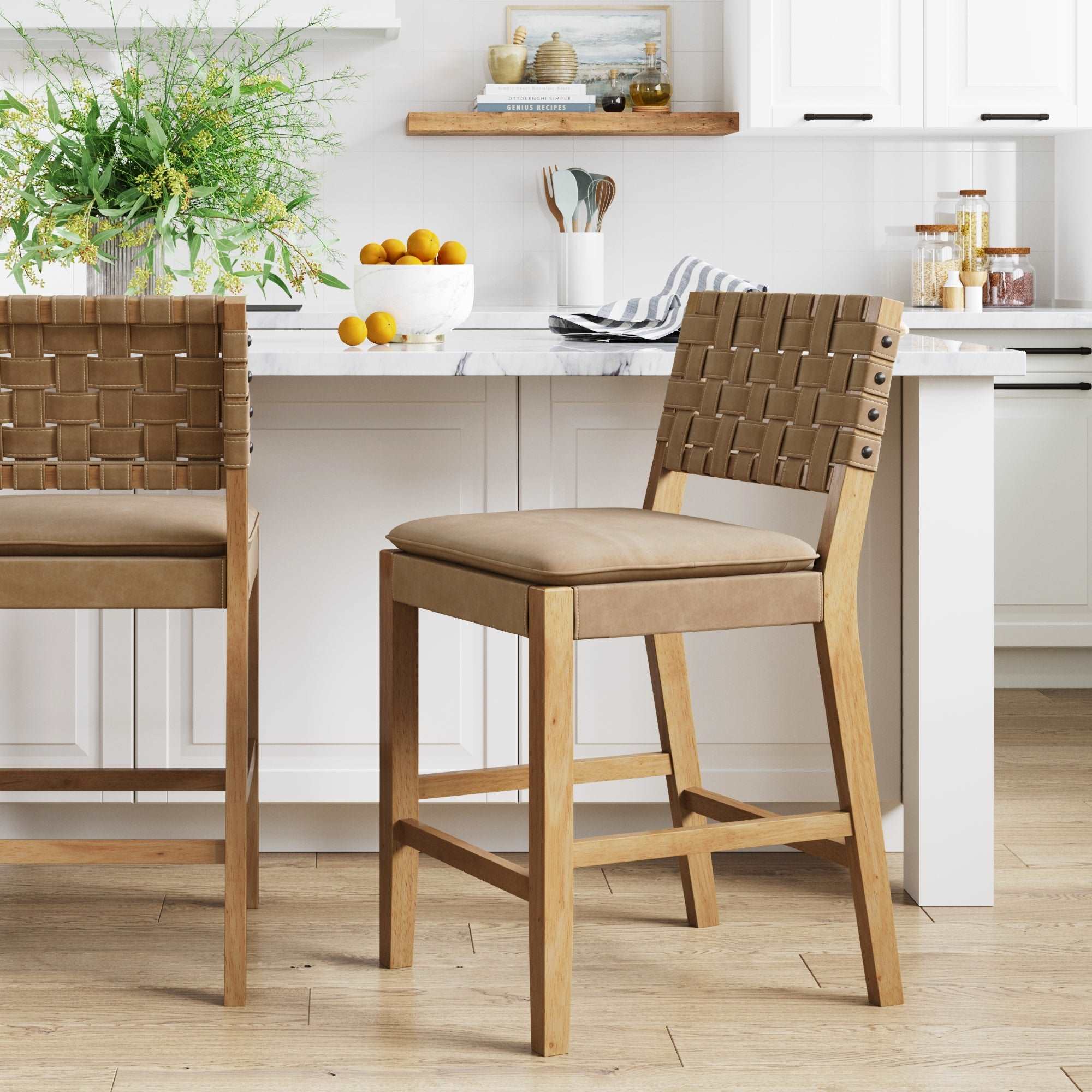 Faux Leather Woven Counter Height Bar Stool Brown