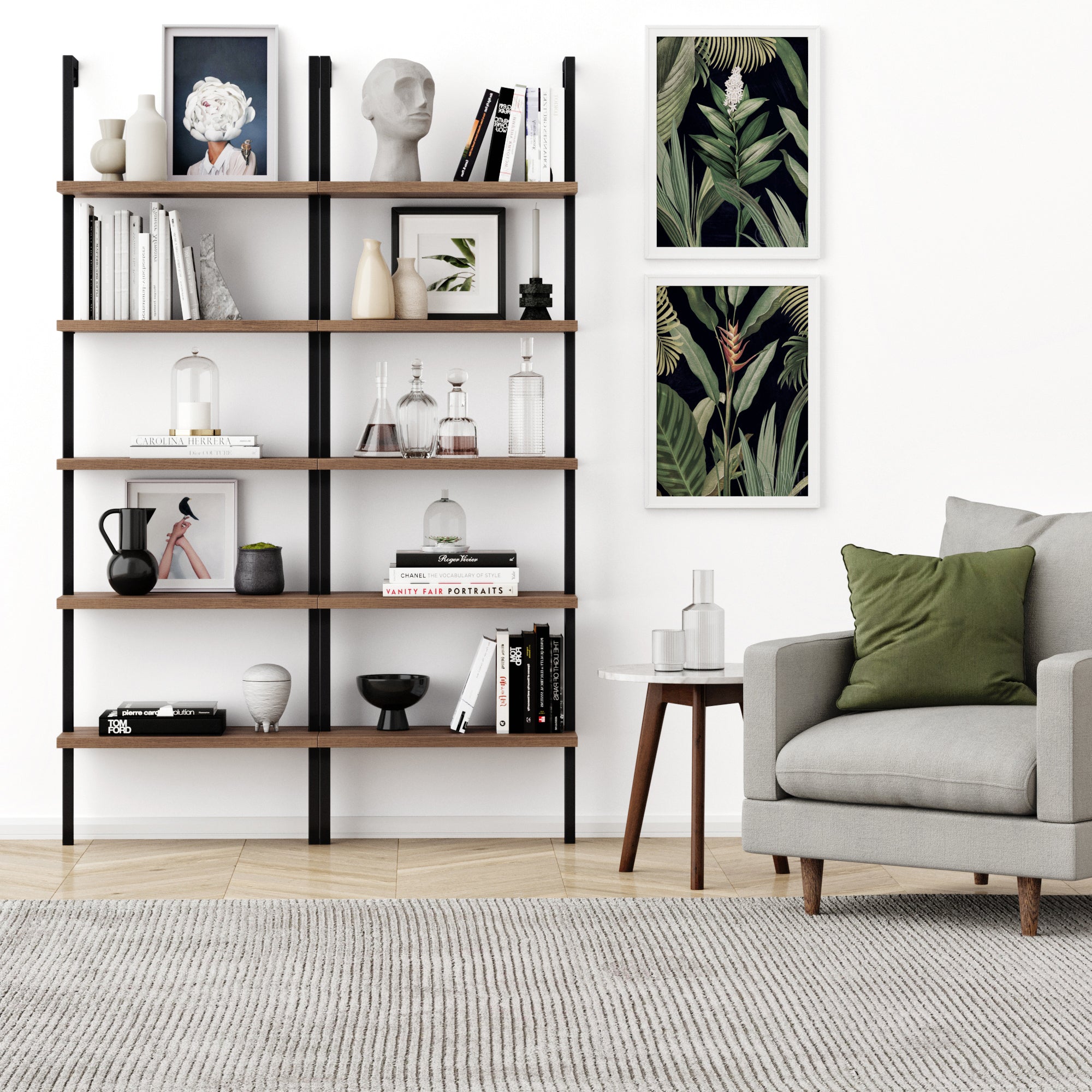 5-Shelf Ladder Bookshelf Oak Matte Black - Image 2