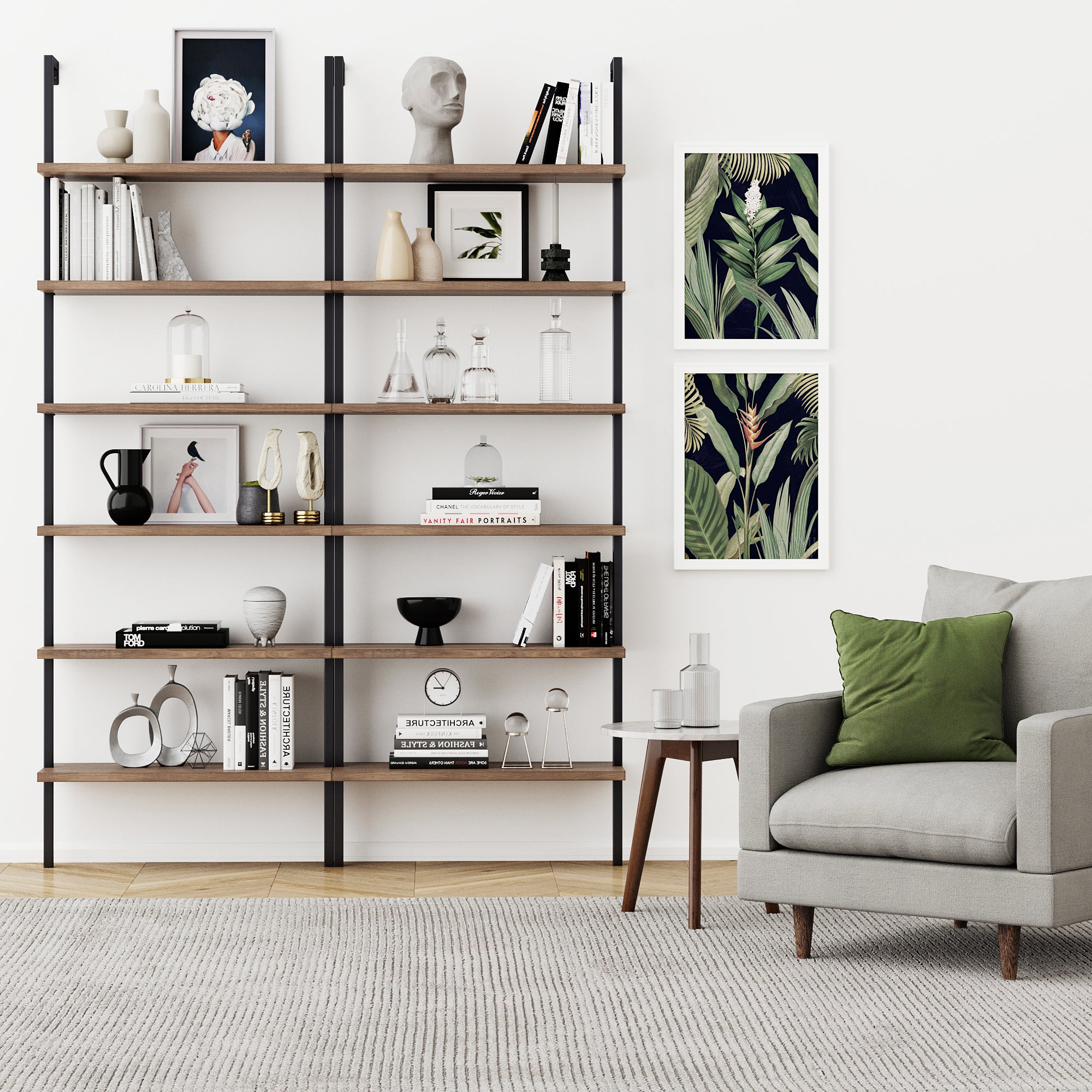 6-Shelf Ladder Bookshelf Oak Matte Black - Image 2