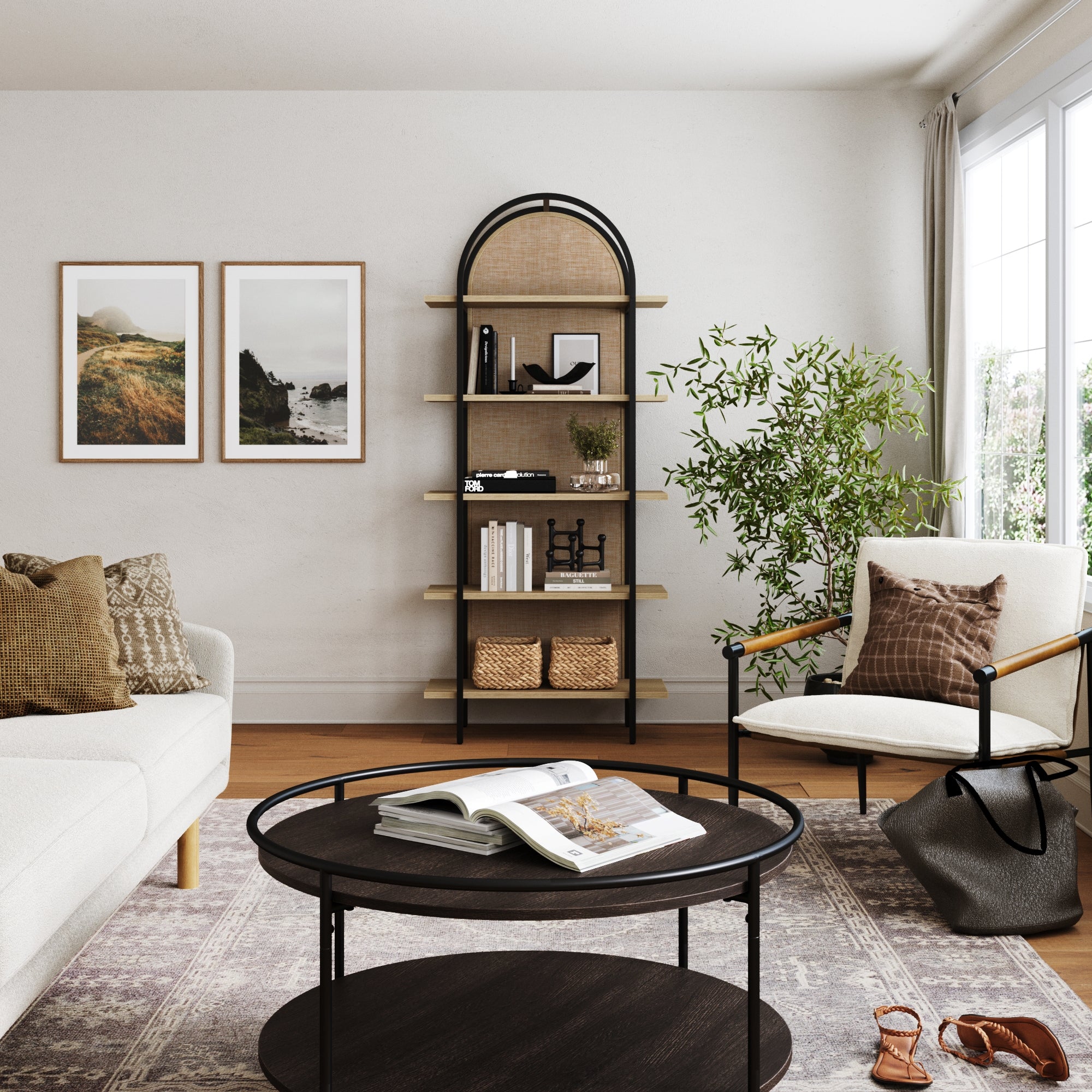 Boho Rattan & Wood Arched Bookshelf - Image 2