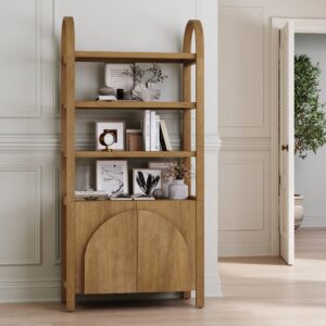 Mid-Century Arched Door Bookshelf with Doors Light Brown