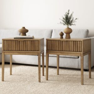 Bohemian Solid Wood Nightstand Set of 2 with Drawer Light Brown
