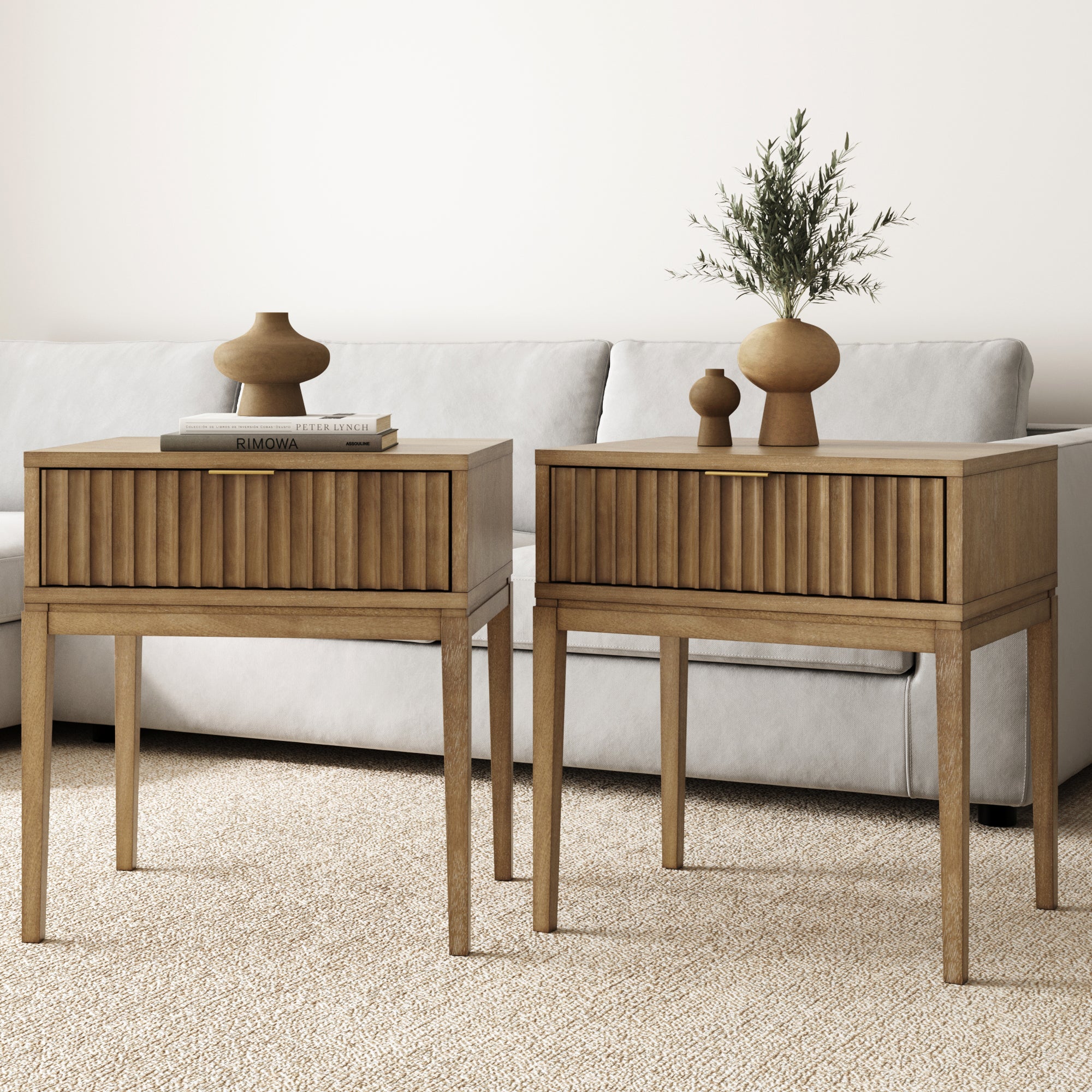 Bohemian Solid Wood Nightstand Set of 2 with Drawer Light Brown