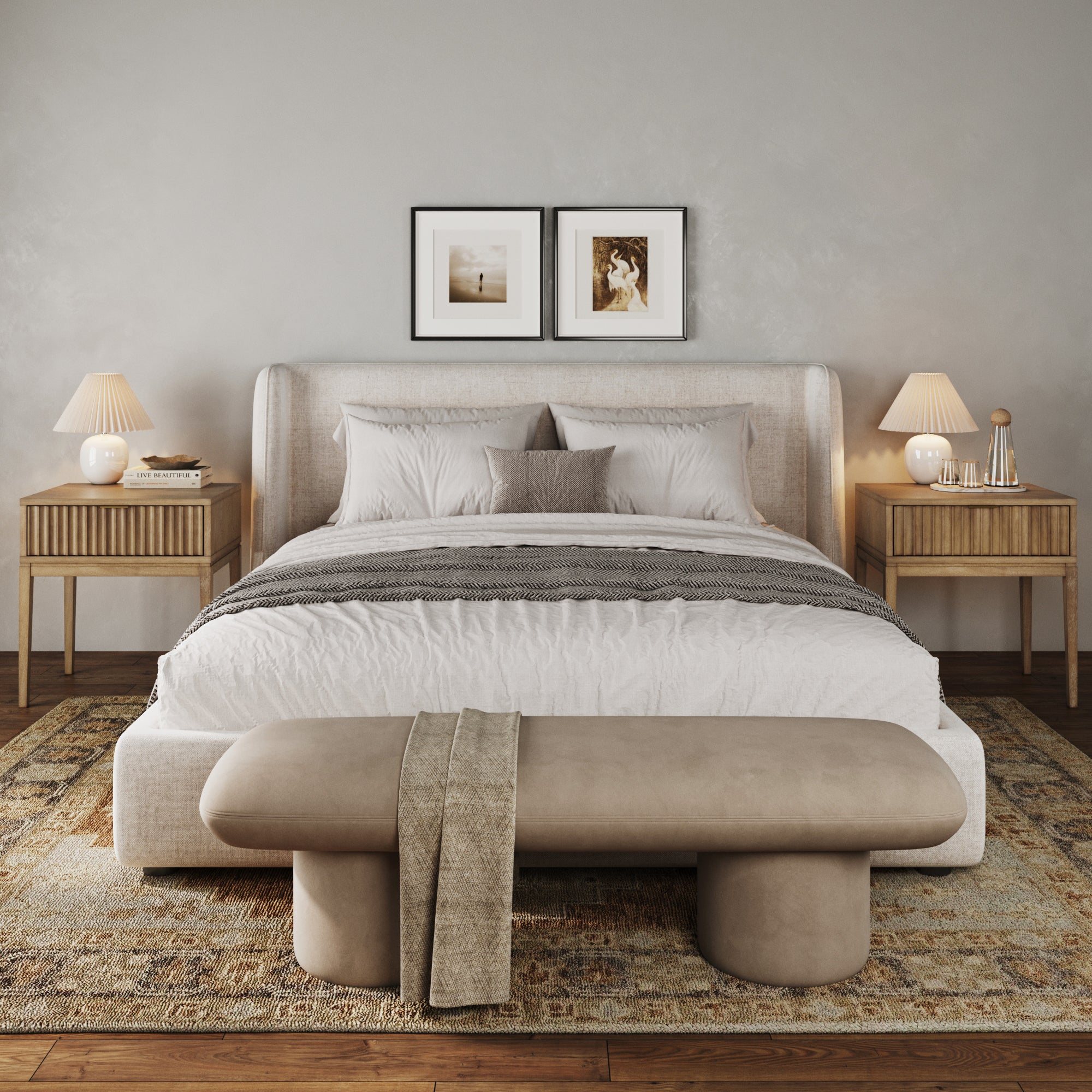 Bohemian Solid Wood Nightstand Set of 2 with Drawer Light Brown - Image 2